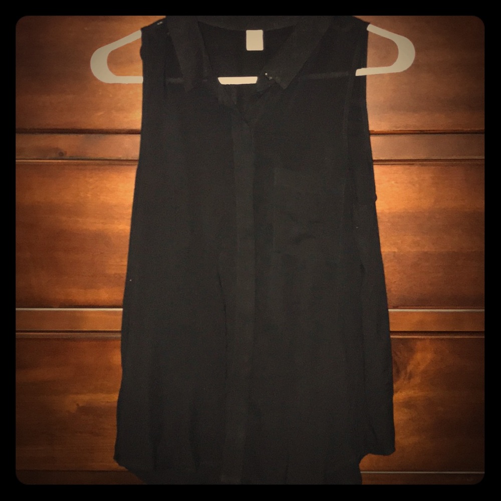 Black sheer sleeveless button down shirt